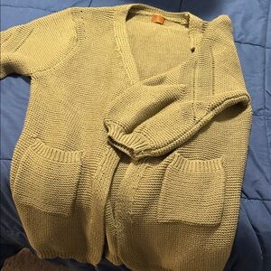 POL Olive-Green V-Neck Chunky Knit Cardigan with Pockets
